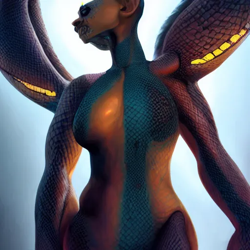 Image similar to snake human hybrid, chest up human lower half snake, black scales, bright amber eyes, chest covered in scales, scales on her chest, formless brests, flat chest, smileing nright, cinematographic shot, artstation, haahn trinh, naga