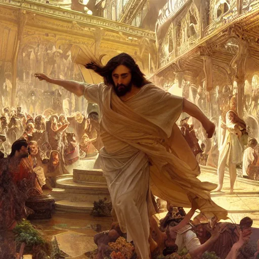 Image similar to a detailed picture of jesus chasing away the merchants in the temple, thrown tables, scattered gold coins, fleeing merchants, fantasy, intricate, elegant, highly detailed, digital painting, artstation, matte, sharp focus, illustration, vaporwave style art by john collier and albert aublet and krenz cushart and artem demura and alphonse mucha