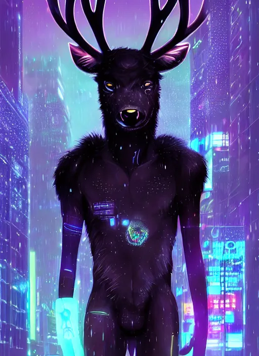 Image similar to award winning beautiful portrait commission of a male furry anthro Black Reindeer cyberpunk fursona with a tail, wings, wings, wings and a cute beautiful attractive detailed furry face wearing stylish black and rainbow galaxy clothes, outline, in a cyberpunk city at night while it rains. Character design by charlie bowater, ross tran, artgerm, and makoto shinkai, detailed, inked, western comic book art