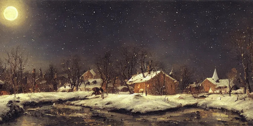 Image similar to a scene of a small rural russian village at night, stars, moon, wintertime, painting by nikolay makovsky