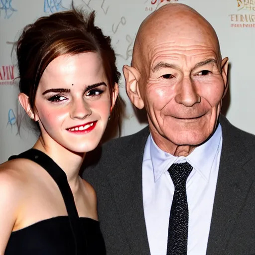 Image similar to Emma Watson with Patrick Stewart's head