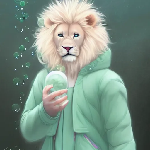 Image similar to aesthetic portrait commission of a albino male furry anthro lion cub popping floating bubbles while wearing a cute mint colored cozy soft pastel winter outfit, winter Atmosphere. Character design by charlie bowater, ross tran, artgerm, and makoto shinkai, detailed, inked, western comic book art, 2021 award winning painting