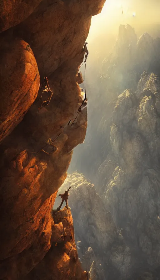 Image similar to rock climbers climbing a rock, an epic fantasy, dramatic lighting, cinematic, extremely high detail, photorealistic, cinematic lighting, matte painting, artstation, octane render by craig mullins, horizon forbidden west