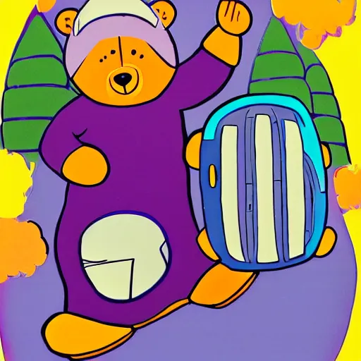 Image similar to cartoon bear wearing clothes being launched out of a futuristic machine into a purple and orange cloud land