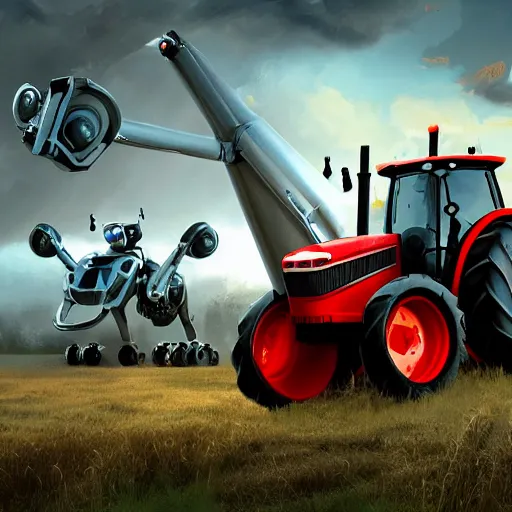 Prompt: farm tractors revolution, robots revolution, angry bots, matte painting, digital art, trending on artstation, high quality