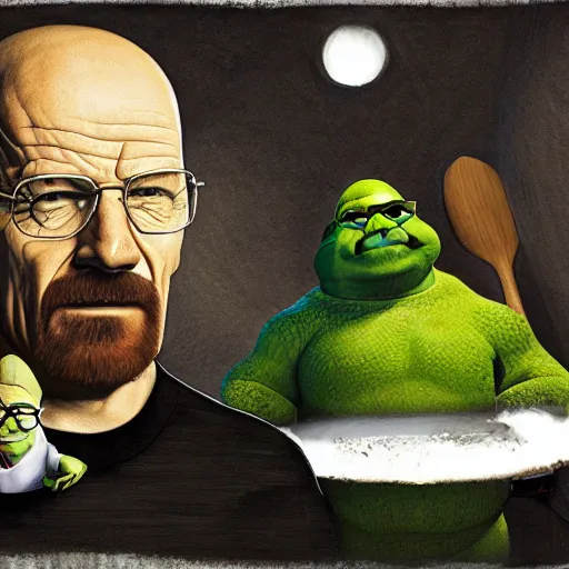 Prompt: Walter White cooking with Shrek, concept art, hyperrealistic, professional photograph