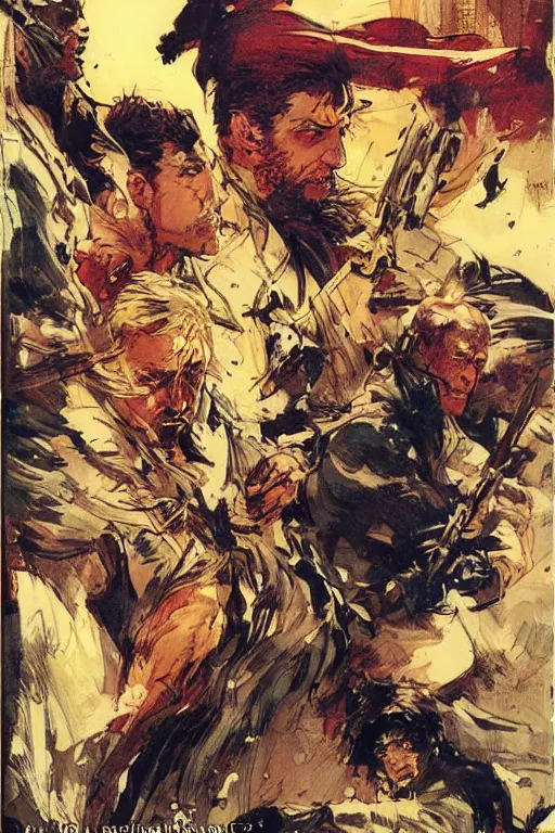 Image similar to comic cover for a book about 4 hit men arriving in the same secluded town. art by bill sienkiewicz and gaston bussiere.
