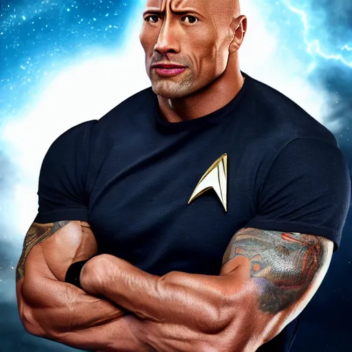 Image similar to a full body portrait of dwayne johnson as a star fleet officer from star trek next generation, ultra rendered extreme realism and detail, 8 k, highly detailed, realistic, completely framed, hyper realistic, colorful, direct lighting, 3 5 mm photo, photorealistic, sharp focus