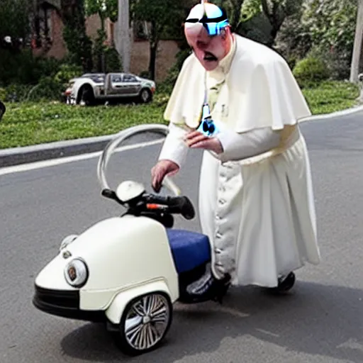 Image similar to the pope riding a childs tricycle