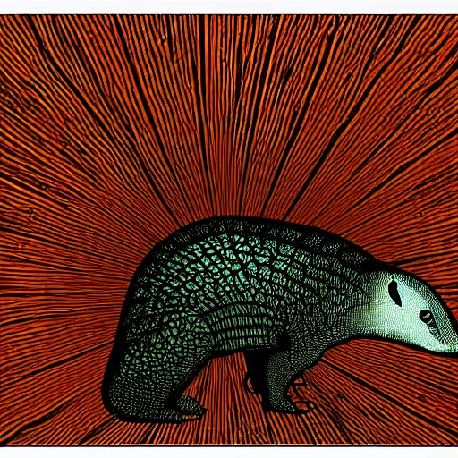 Prompt: a pangolin in front of a computer, programming neural networks, digital art