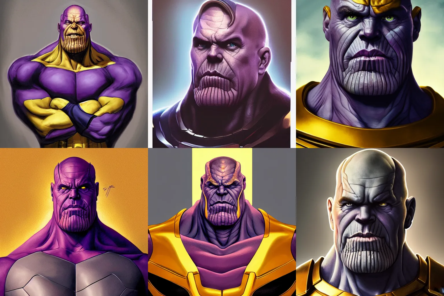 Prompt: a portrait of thanos, dramatic lighting and composition, trending on artstation, concept art, comic book, chuck close, vittorio matteo corcos, john currin.