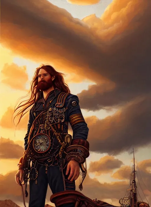 Image similar to portrait painting of a handsome face rugged long hair crimson hair male captain, top half portrait soft hair steampunk ornate mechanical zeppelin airship in the background sky sunset golden hour fantasy rugged book cover art atmospheric lighting art by mullins rutkowski bussiere