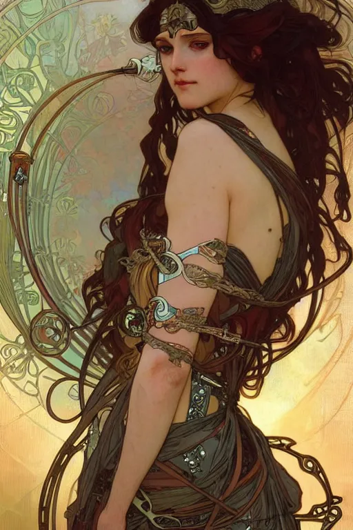 Image similar to realistic detailed portrait of a very beautiful warrior queen by alphonse mucha, charlie bowater, cyberpunk! style, mechanical accents!, flowing wires with leaves, rich deep moody colors