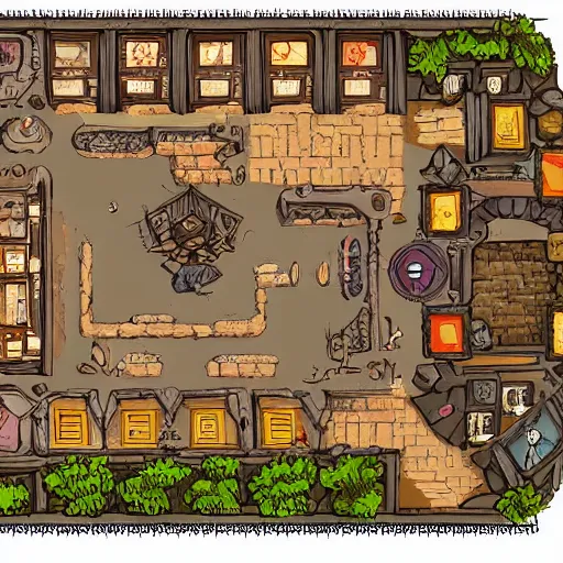 Image similar to An detailed vector art presenting an aerial view of a cartoonish tavern by dungeondraft, contaning tables and walls, dnd map , map patreon, fantasy maps, foundry vtt, fantasy grounds, aerial view ,dungeondraft , tabletop, inkarnate, dugeondraft, roll20