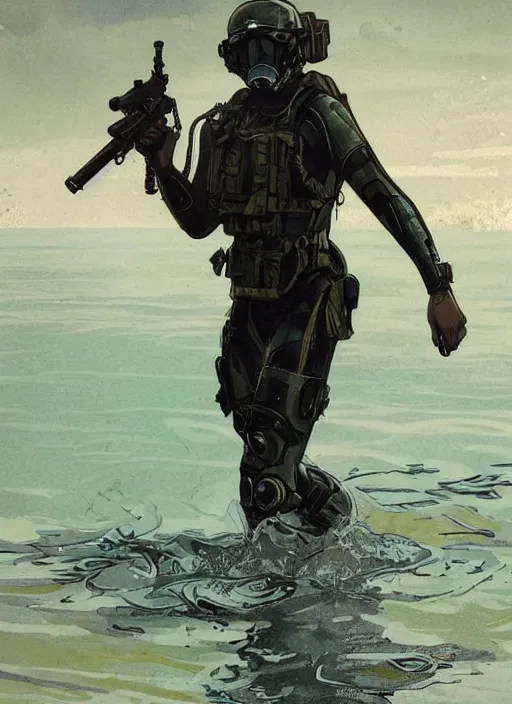 Image similar to Andrea. USN blackops operator emerging from water at the shoreline. Operator wearing Futuristic wetsuit and looking at an abandoned shipyard. Frogtrooper. rb6s, MGS, and splinter cell Concept art by James Gurney, Alphonso Mucha. Vivid color scheme.