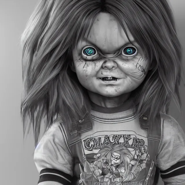 Image similar to chucky the doll, centred, very long hair, hd, hyperdetailed illustration by irakli nadar, intricate linework, bright colors, octopath traveler, final fantasy, unreal engine 5 highly rendered, global illumination, radiant light