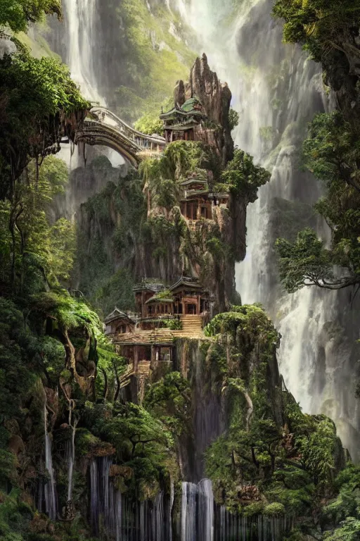 Image similar to carved into a Mountain a temple above a waterfall, arches adorned pillars, archways, gnarly trees, lush vegetation, forrest, a small stream runs beneath the waterfall, landscape, raphael lacoste, eddie mendoza, alex ross, concept art, matte painting, highly detailed, rule of thirds, dynamic lighting, cinematic, detailed, denoised, centerd