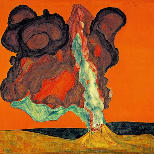 Image similar to painting of an erupting volcano in the style of egon schiele