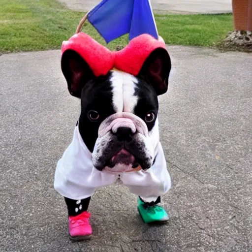 Image similar to a french bull dog dressed as eleven from stranger things