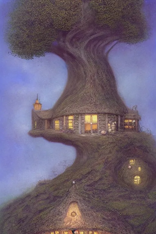 Image similar to beautiful matte painting of a cottage on a hill whimsical by brian froud and bridget bate tichenor with huge dlowing spiral