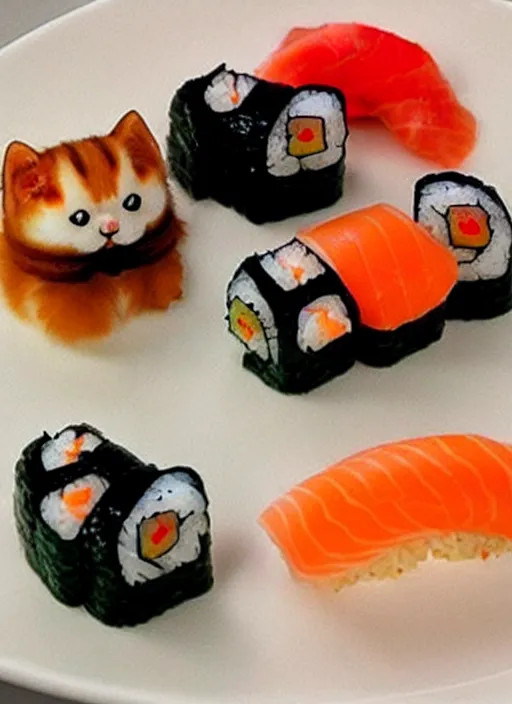 Image similar to clear photorealistic picture of adorable cats made out of sushi