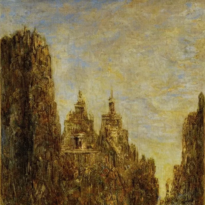 Prompt: a building in a landscape, by gustave moreau