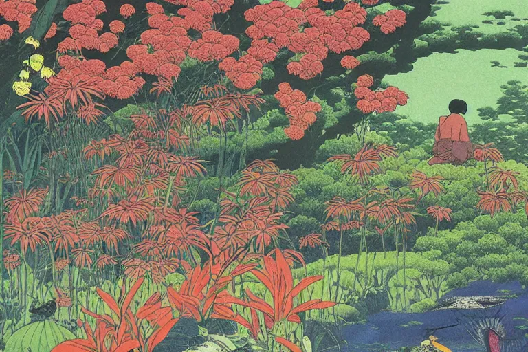 Image similar to gigantic cats catch gigantic dragonflies, a lot of exotic flowers around, heads are all over the ground, acid and dreaming psychedelic hallucinations, risograph by kawase hasui, dirtyrobot, edward hopper, satoshi kon and moebius, colorful flat surreal design, super - detailed, a lot of tiny details, fullshot