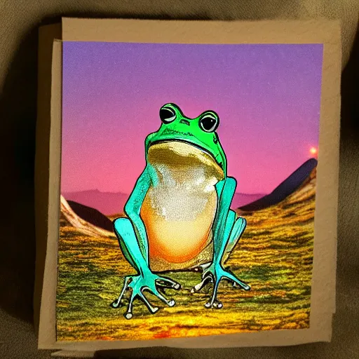 Prompt: king frog on a throne in beautiful mountains watching a sunset, photorealistic award winning