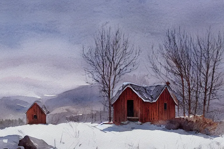 Prompt: watercolor painting of cabin at rocky hill, reflective, stone walls, winter, sunlight, morning, ambient lighting, art by hans gude, art by hans dahl