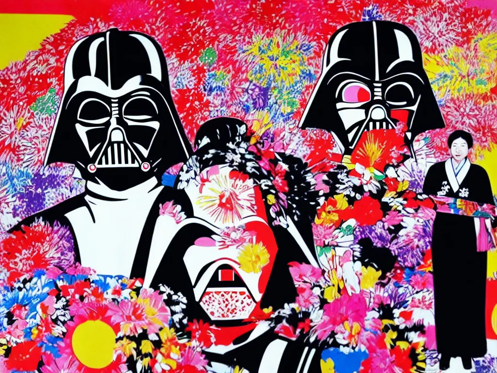 Image similar to hyperrealistic composition, in the middle the woman in a japanese kimono, behind her stands the darth vader, in front of her a table from the casino, in the background is mount fuji and fireworks, pop - art style, jacky tsai style, andy warhol style, acrylic on canvas