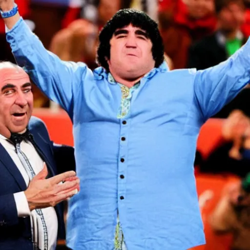 Image similar to Saul Goodman Shaked hands with Maradona with audience