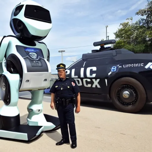 Image similar to robotic police unit shaped like an anthropomorphic rabbit, standing next to a parked futuristic police car