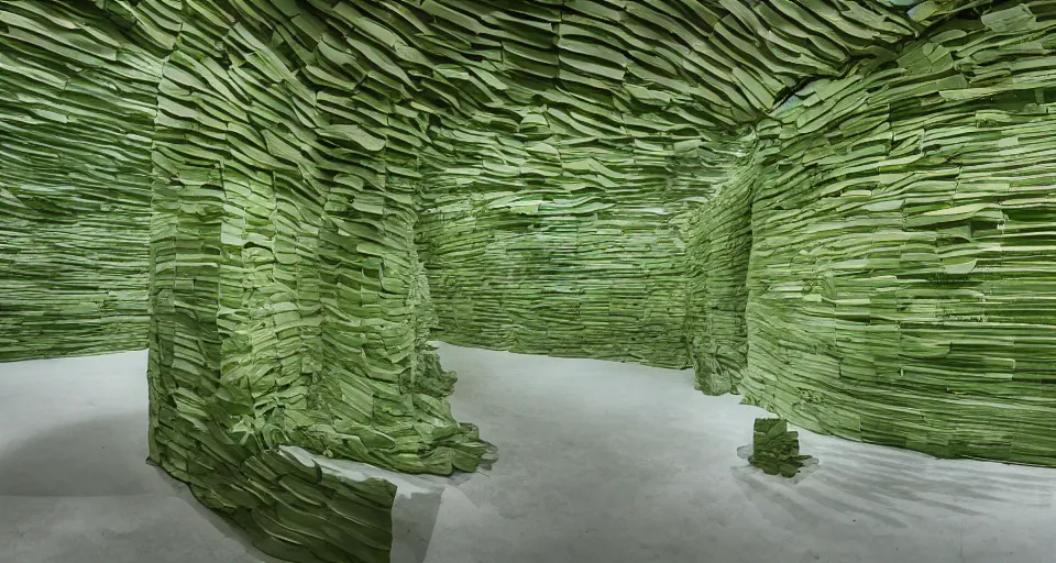 Prompt: A panoramic realistic photography of a sculpture made of banana leaves, white exhibition space, in the style of donald judd