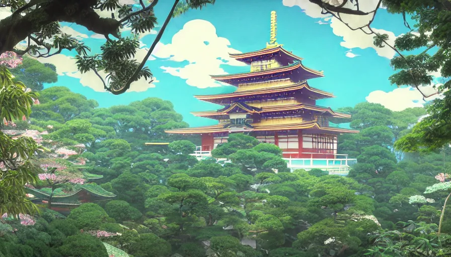 Image similar to misty clouds, japanese buddhist temple with lush plants and secret doors, wes anderson style hotel temple, magic chairlifts. hyper detailed, architectural concept, full building, dynamic angle, intricate, lineart, cerpuscular rays, lily flowers. by yoshitaka amano, alfons mucha and makoto shinkai. 8 k