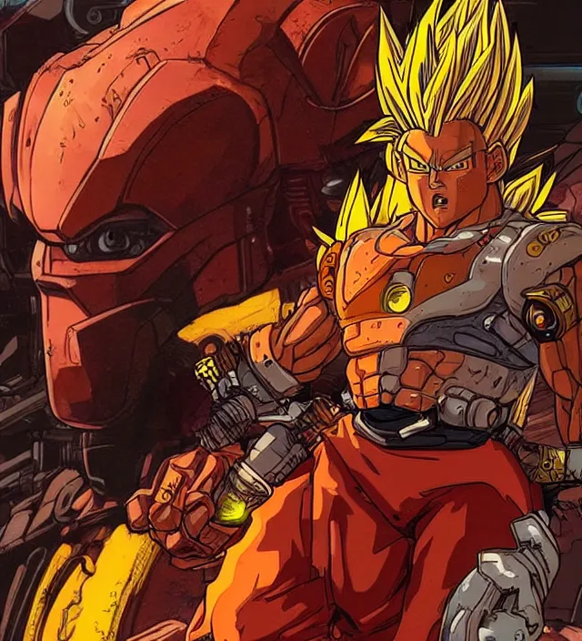 Image similar to a character portrait of a cyborg super saiyan in the style of moebius in the style of yoji shinkawa trending on artstation deviantart pinterest detailed realistic hd 8 k high resolution