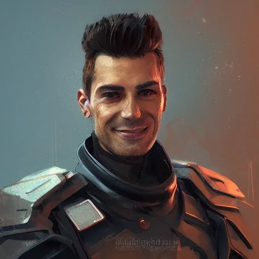Image similar to portrait of a man by greg rutkowski, he is about 3 0 years old, mixture between german and turkish, copper quiff hair, uncanny smile, very tall and slender, he is wearing a futuristic police gear, highly detailed portrait, digital painting, artstation, concept art, smooth, sharp foccus ilustration, artstation hq