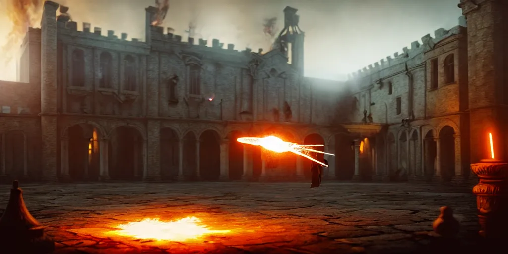 Image similar to A view of a mage casting fireball in Elizabethan era town, foggy, ruins, hyperdetailed, concept art, cinematographic, wide angle camera, unreal engine