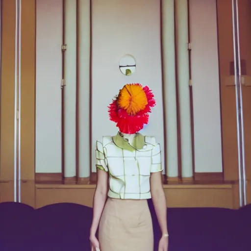 Image similar to giant flower head, frontal, girl standing in mid century hotel, surreal, symmetry, bright colors, cinematic, wes anderson