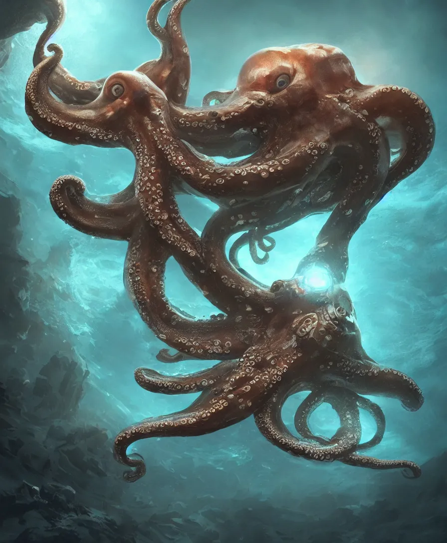 Prompt: hyper realistic giant octopus grabbing a small submarine underwater, illustrated by greg rutkowski, beautiful volumetric lighting, intricate, ultra detailed, photorealistic, trending on artstation, octane render, 8 k