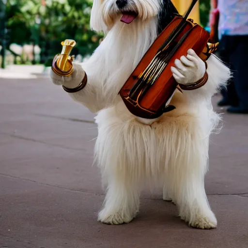 Prompt: a cream-colored Havanese dog dressed as a mariachi musician, holding maracas, Leica 35mm, 4K