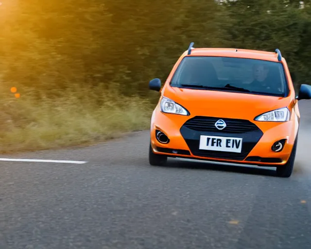 Image similar to border collie dog in the driver's seat of an orange nissan note, paws on wheel, car moving fast, rally driving photo, award winning photo, golden hour, front of car angle, extreme horizontal motion blur, 3 0 0 mm lens