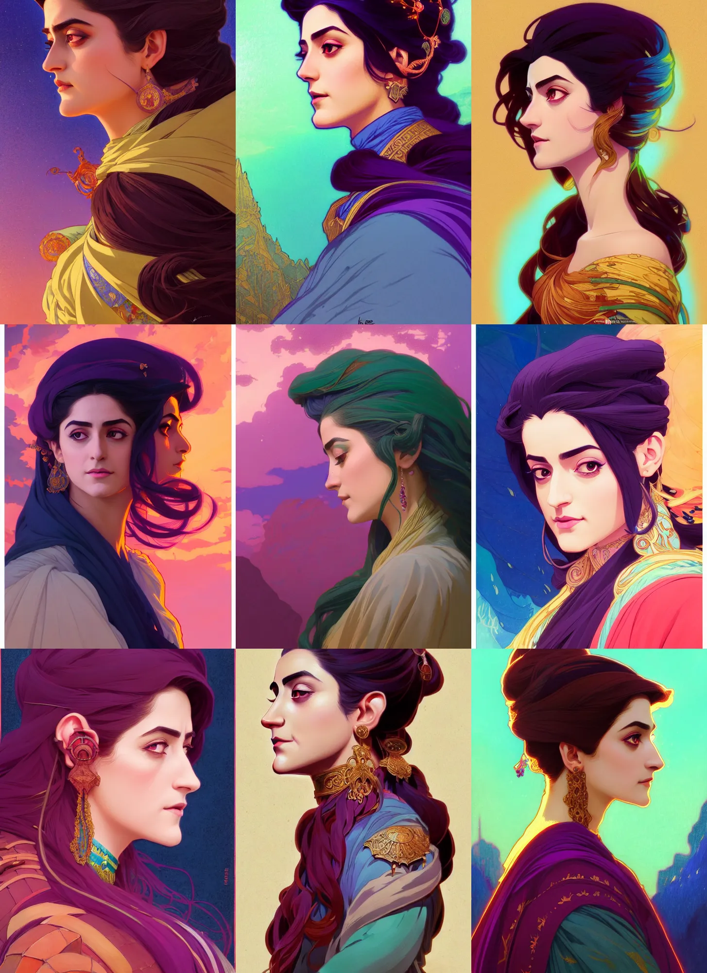 Prompt: side profile centered painted portrait, Maya Ali as a storm sorcerer, colourful, pretty face, intricate eyes, beautiful, elegant, D&D, matte painting, Anime by Mucha and ilya kuvshinov and Cushart Krentz and Gilleard James, 4k, HDR, Trending on artstation, Behance, award winning