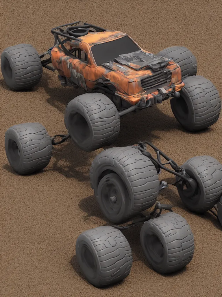 Prompt: i highly modified caricature 4 wd vehicle with oversized wheels trashing through the mud, 3 d, trending on artstation, octane render, 8 k