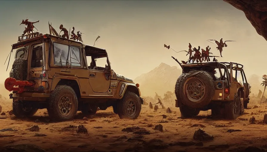 Image similar to Mahindra thar, tribe members attacking, action scene, an epic fantasy, dramatic lighting, cinematic, establishing shot, extremely high detail, photorealistic, cinematic lighting, tending on artstation, solarpunk, matte painting, octane render, by simon stalenhag, horizon forbidden west