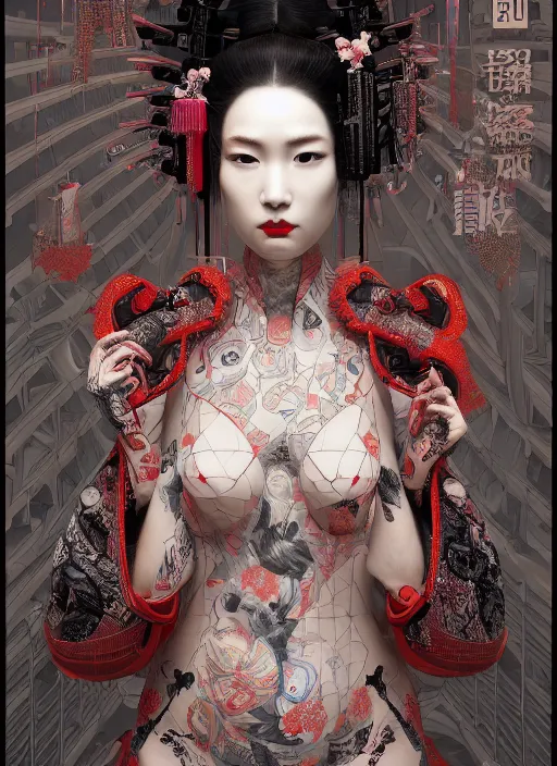 Prompt: portrait of a seductive cyberpunk geisha yakuza, imari, modern fine art, fractal, in the style of ex - machina, intricate ornaments, elegant, highly detailed, digital photography, subsurface scattering, by mc escher and greg rutkowski,