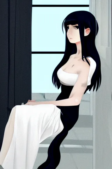 Image similar to mysterious girl with her long black hair dressed in a simple white dress, anime art style, digital art by ilya kuvshinov, inspired by balthus, hd, 4 k, hyper detailed, rear view