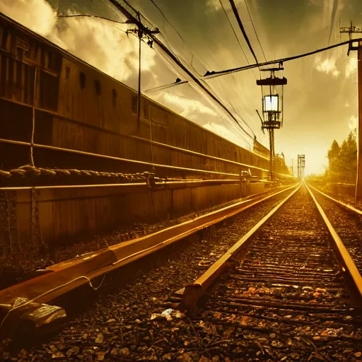 Image similar to justin sun tied to train tracks, bound in rope and chains, beautiful cinematic lighting, epic composition, approaching train headlight