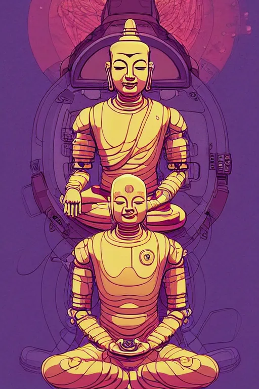 Image similar to a study of cell shaded cyborg robot astronaut buddha meditating in a lotus flower illustration, golden ratio, post grunge portrait, character concept art by josan gonzalez, james jean, Mike Mignola, Laurie Greasley, highly detailed, sharp focus, alien, Artstation, deviantart, artgem