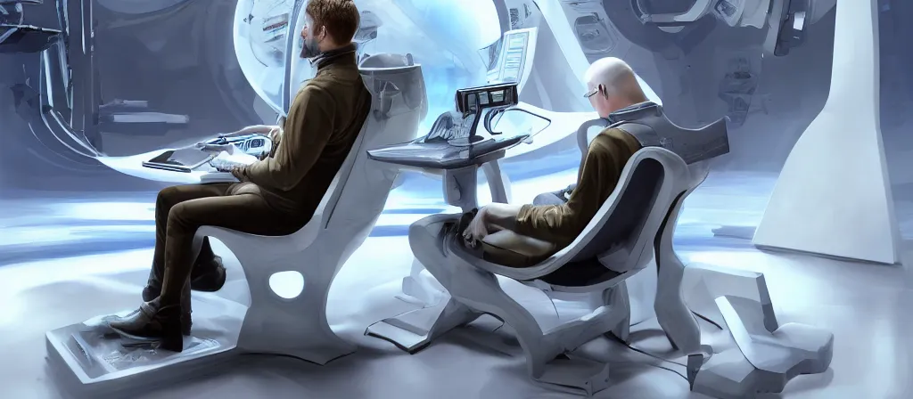 Image similar to an human guy sitting on a futuristic chair getting himself scan to be upload by a futuristic machine with laser to a computer, uploaded, scifi machine, very detailed, award winner on deviantart by geg rutkowski