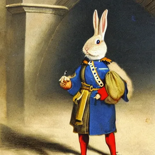 Prompt: a rabbit dressed as a carolean soldier